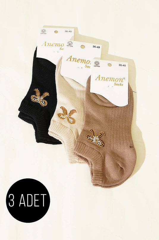Women's 3-Piece Mini Stone Detail Ankle Socks Assorted 22