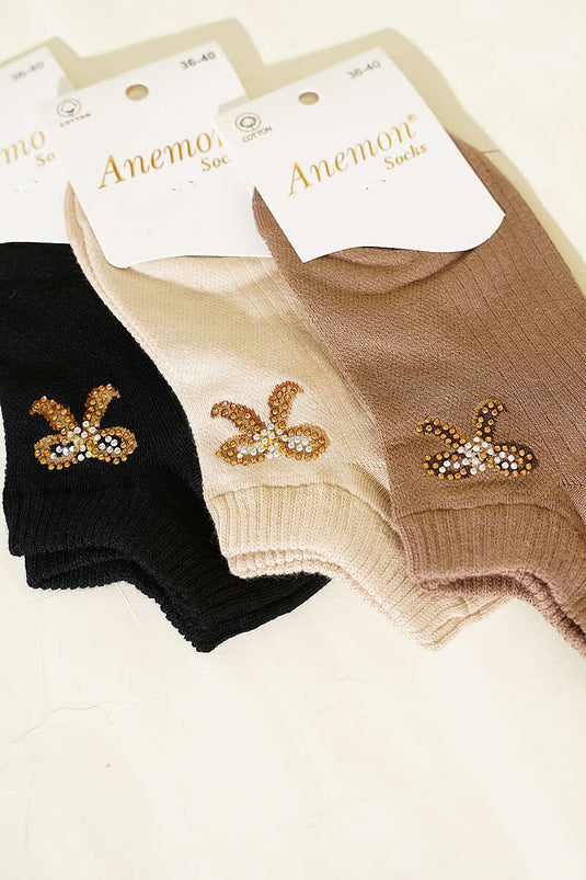 Women's 3-Piece Mini Stone Detail Ankle Socks Assorted 22