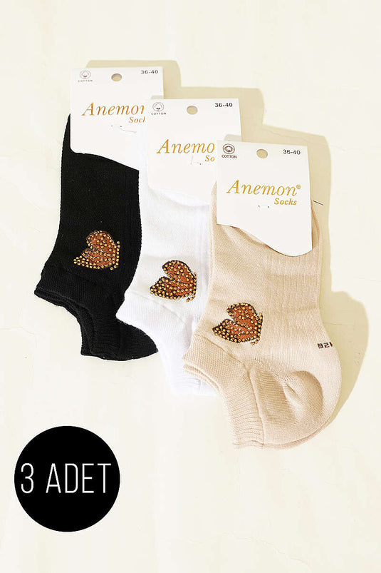 Women's 3-Pack Mini Stone Detail Ankle Socks Assorted 23