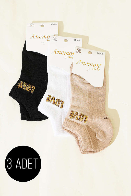 Women's 3-Piece Mini Stone Detail Ankle Socks Assorted 27