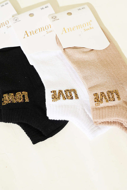 Women's 3-Piece Mini Stone Detail Ankle Socks Assorted 27