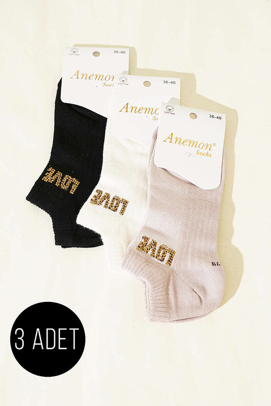 Women's 3-Piece Mini Stone Detail Ankle Socks Assorted 28