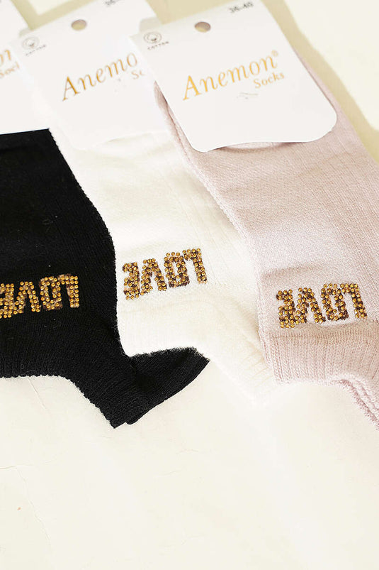 Women's 3-Piece Mini Stone Detail Ankle Socks Assorted 28