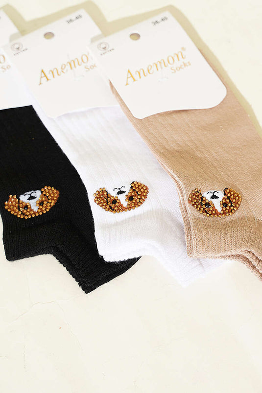 Women's 3-Piece Mini Stone Detail Ankle Socks Assorted 29