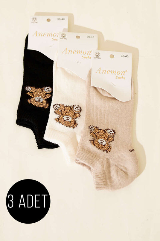 Women's Set of 3 Mini Stone-Embellished Ankle Socks Assorted 3