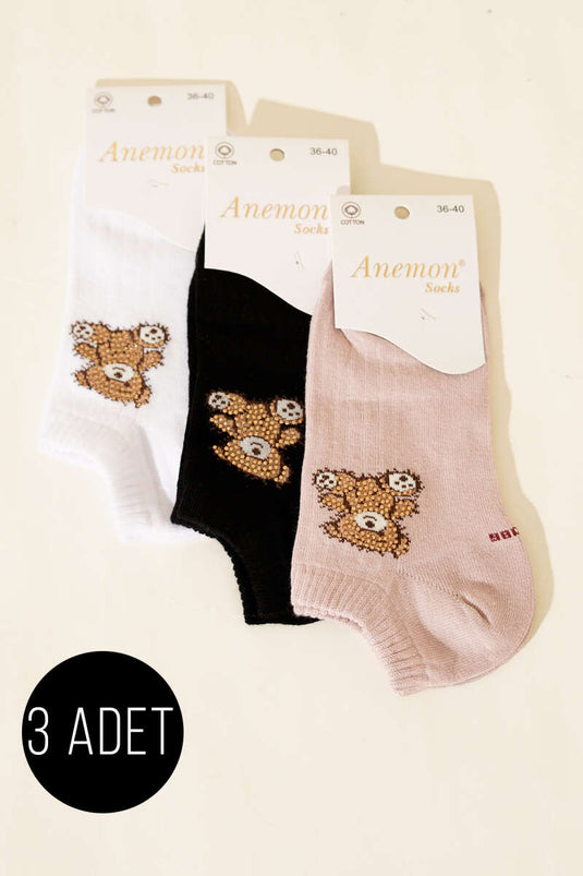 Women's Set of 3 Mini Stone-Embellished Ankle Socks Assorted 4