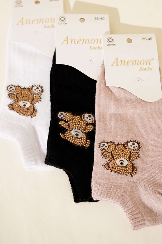 Women's Set of 3 Mini Stone-Embellished Ankle Socks Assorted 4