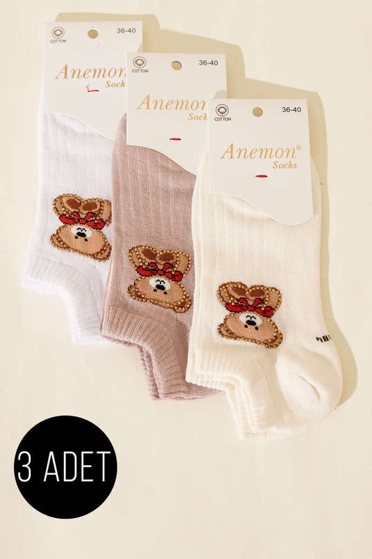 Women's Set of 3 Mini Stone-Embellished Ankle Socks Assorted 5