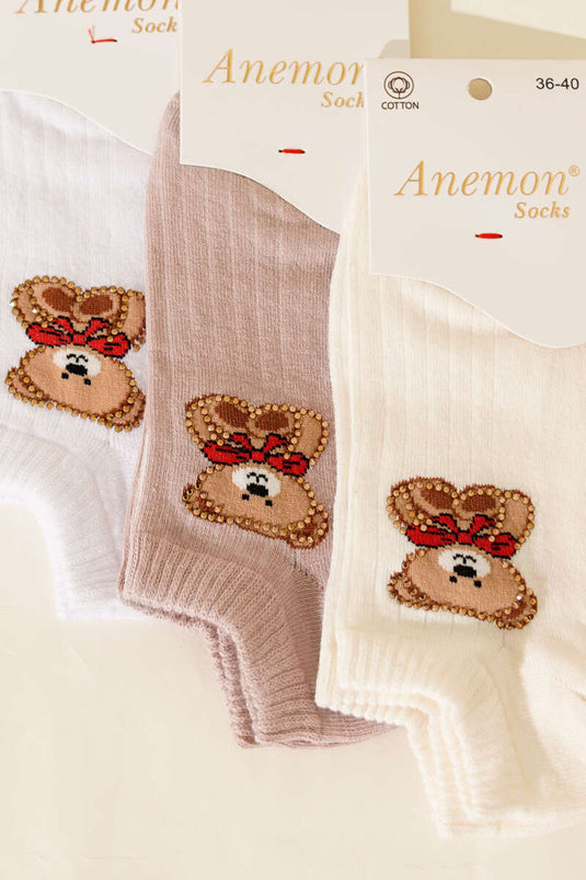 Women's Set of 3 Mini Stone-Embellished Ankle Socks Assorted 5