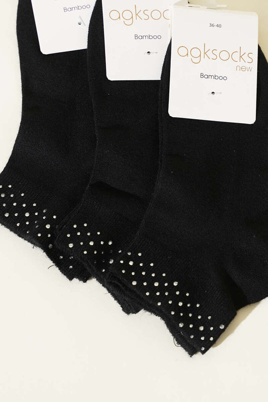 Chaussettes courtes miniatures à trois pierres pour femme Noir
