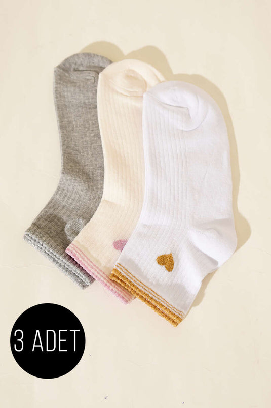 Chaussettes courtes à bord-côte avec détails brodés pour femme, lot de 3, assortiment 1