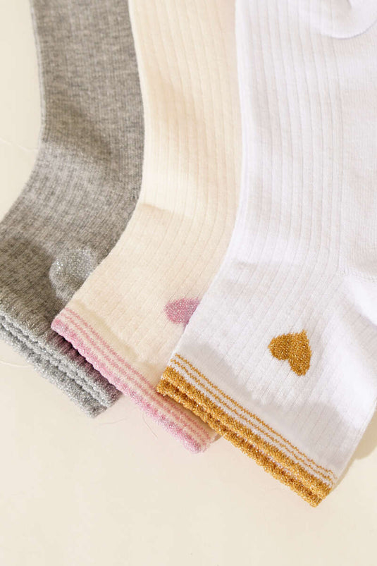 Chaussettes courtes à bord-côte avec détails brodés pour femme, lot de 3, assortiment 1