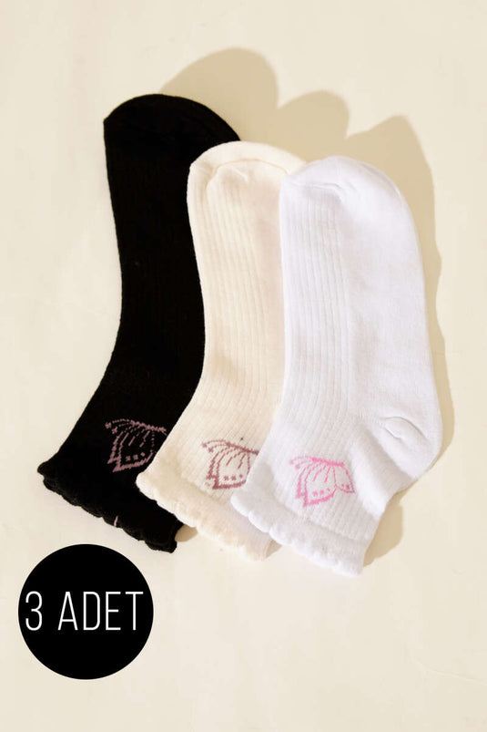 Lot de 3 chaussettes courtes à bord côtelé avec broderie, assortiment 2