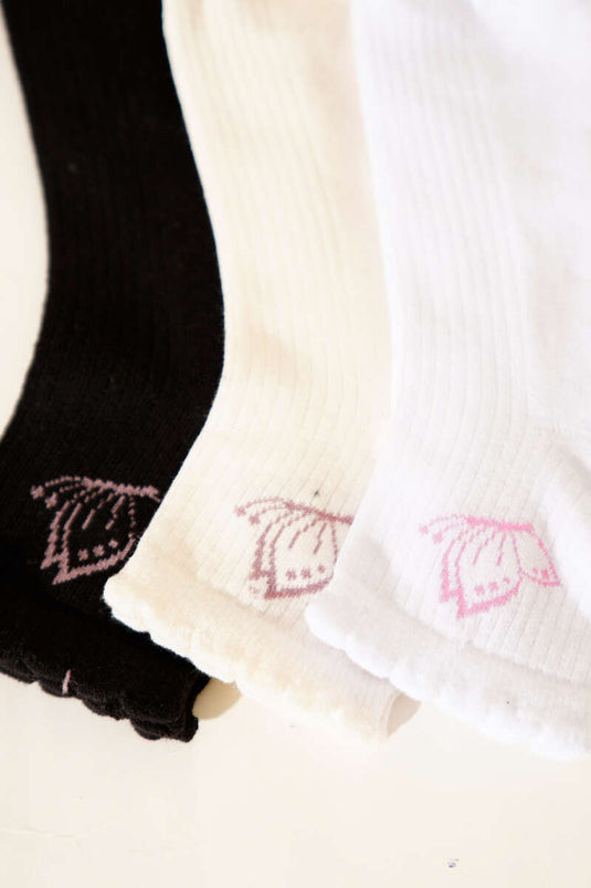 Lot de 3 chaussettes courtes à bord côtelé avec broderie, assortiment 2