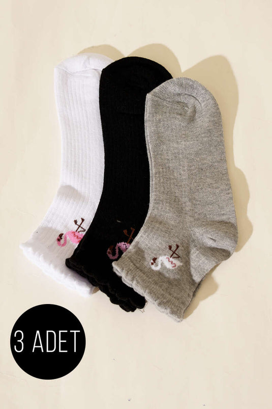 Women's Set of 3 Short Cuff Socks with Embroidery Details Assorted 3