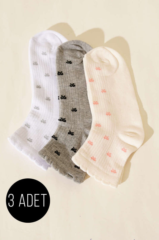 Women's Set of 3 Short Cuff Socks with Embroidery Details Assorted 4