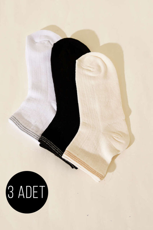 Women's Set of 3 Short Cuff Socks with Embroidery Details Assorted 5