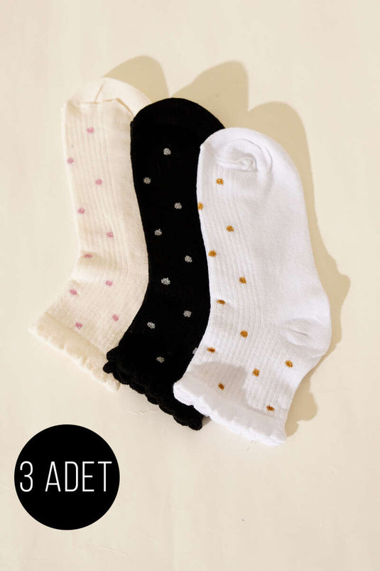 Women's Set of 3 Short Cuff Socks with Embroidery Detail Assorted 6