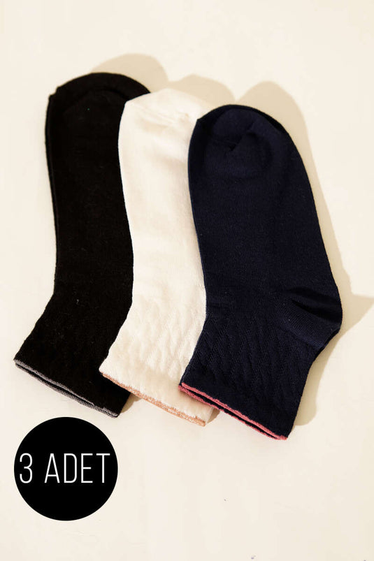 Women's Set of 3 Short Cuff Socks with Embroidery Details Assorted 7