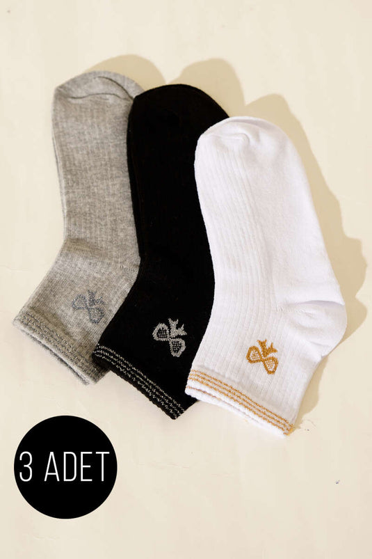 Women's Set of 3 Short Cuff Socks with Embroidery Detail Assorted 8