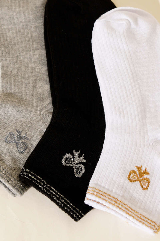 Women's Set of 3 Short Cuff Socks with Embroidery Detail Assorted 8