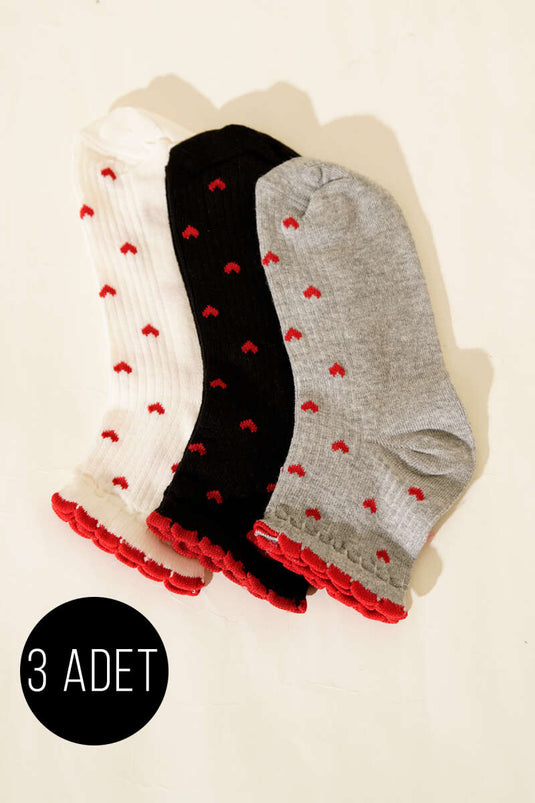 Women's Set of 3 Short Cuff Socks with Embroidery Details Assorted 9