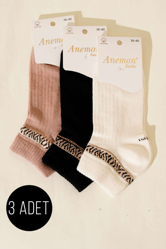 Lot de 3 chaussettes courtes à bord côtelé avec détails en pierre, assortiment 1