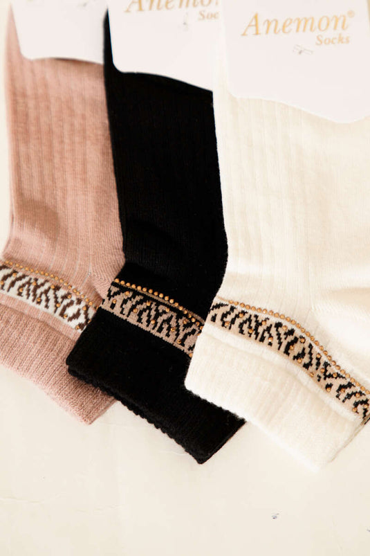 Lot de 3 chaussettes courtes à bord côtelé avec détails en pierre, assortiment 1