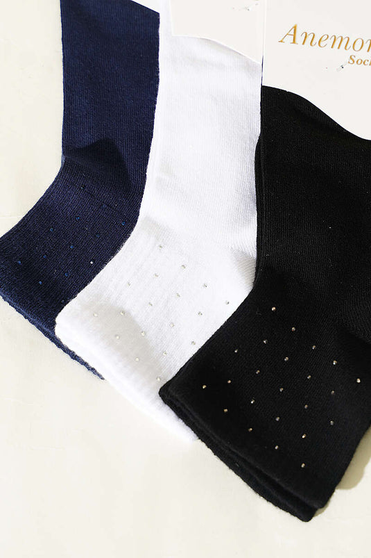 Calze corte con polsino e dettagli in pietra, set da 3 pezzi donna assortiti 19