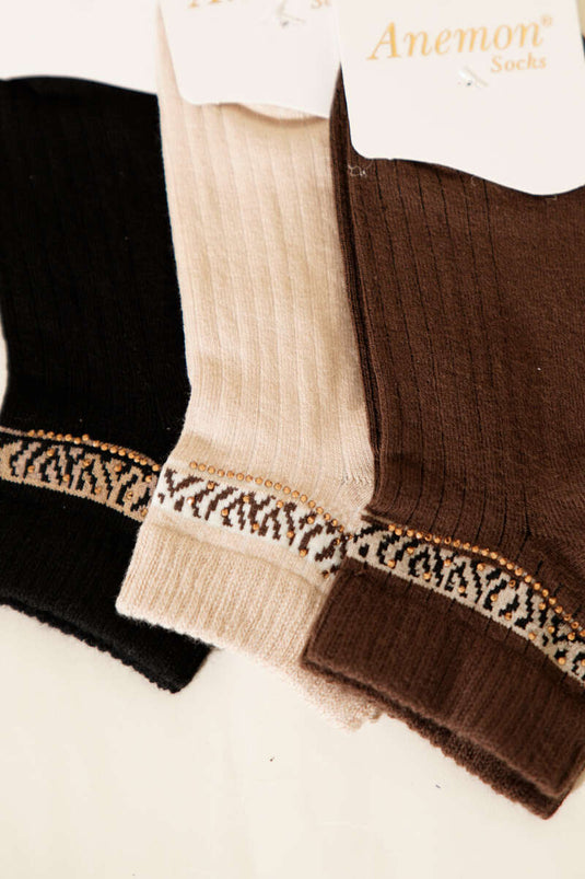 Lot de 3 chaussettes courtes à bord côtelé avec détails en pierre, assortiment 2
