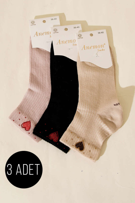 Femme 3 paires de chaussettes courtes à bord pierre assorties 3