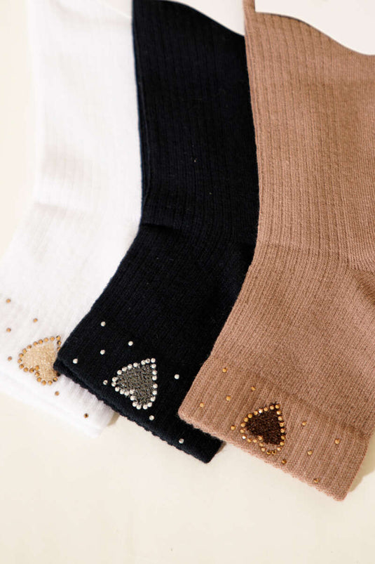 Chaussettes courtes à revers avec détails en pierre pour femme, lot de 3, assortiment 4