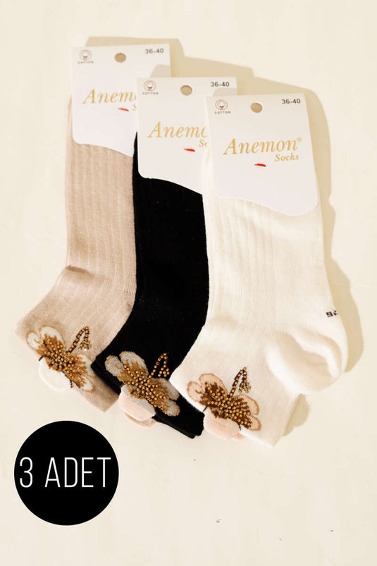 Chaussettes courtes à revers avec détails en pierre pour femme, lot de 3, assortiment 5