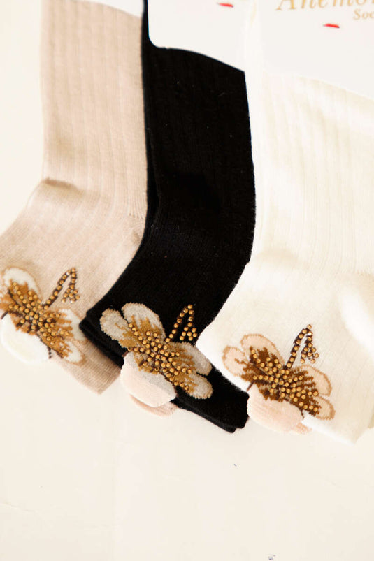 Chaussettes courtes à revers avec détails en pierre pour femme, lot de 3, assortiment 5