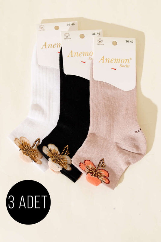 Chaussettes courtes à revers avec détails en pierre pour femme, lot de 3, assortiment 6