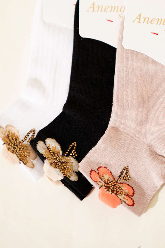 Chaussettes courtes à revers avec détails en pierre pour femme, lot de 3, assortiment 6