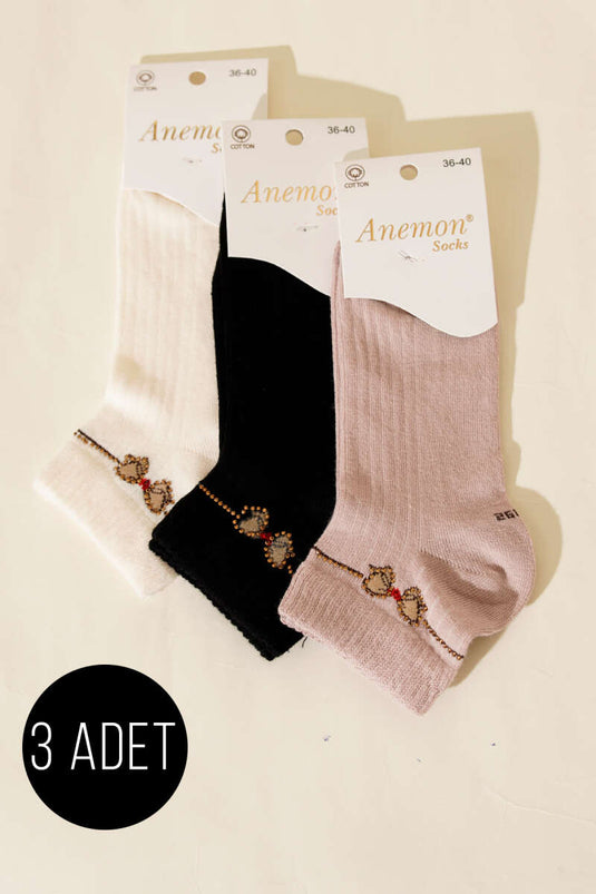 Lot de 3 chaussettes courtes à bord côtelé avec détails en pierre, assortiment 7