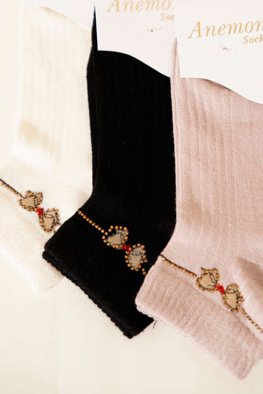 Lot de 3 chaussettes courtes à bord côtelé avec détails en pierre, assortiment 7