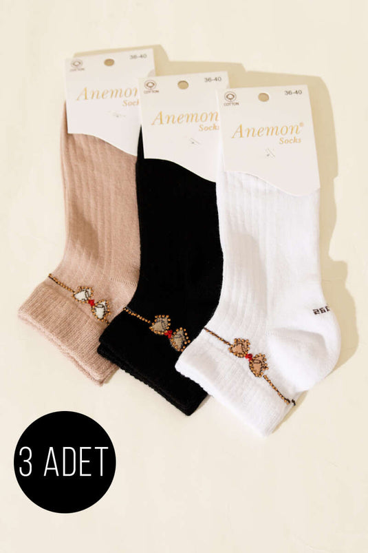 Lot de 3 chaussettes courtes à bord côtelé avec détails en pierre, assortiment 8