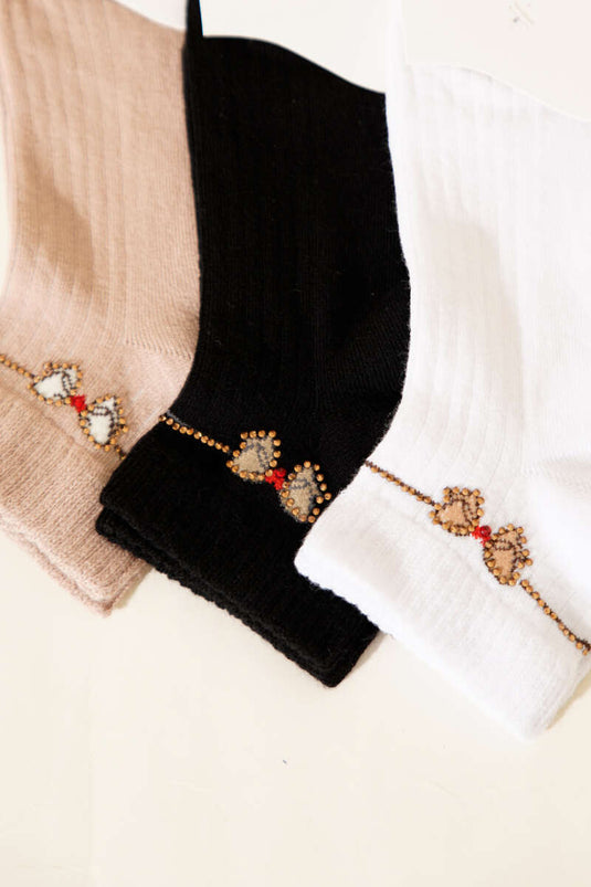 Lot de 3 chaussettes courtes à bord côtelé avec détails en pierre, assortiment 8