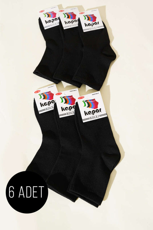 6er-Packung einfarbige College-Socken für Damen, schwarz