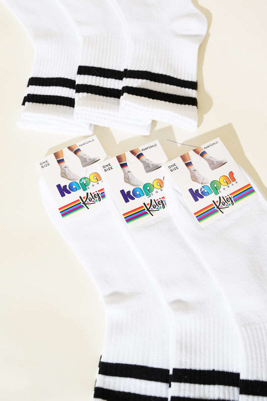 جوارب نسائية مخططة بيضاء، عبوة من 6 قطع