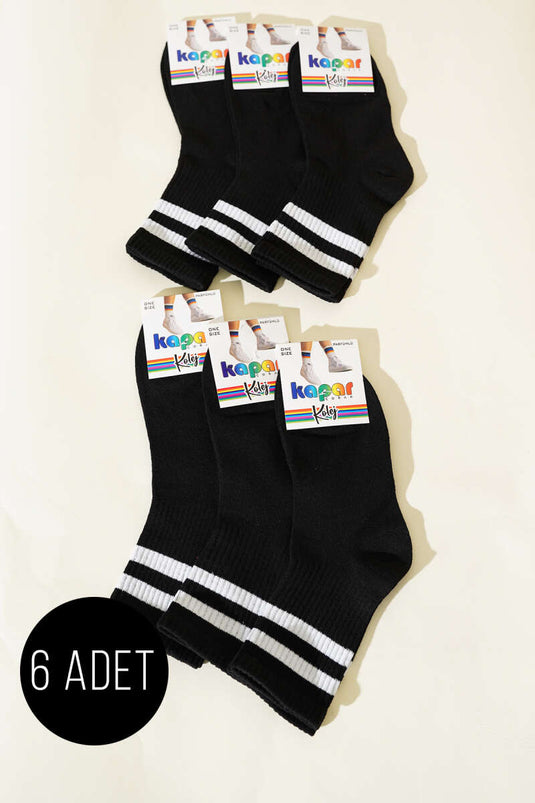 6er-Pack gestreifte College-Socken für Damen, Schwarz