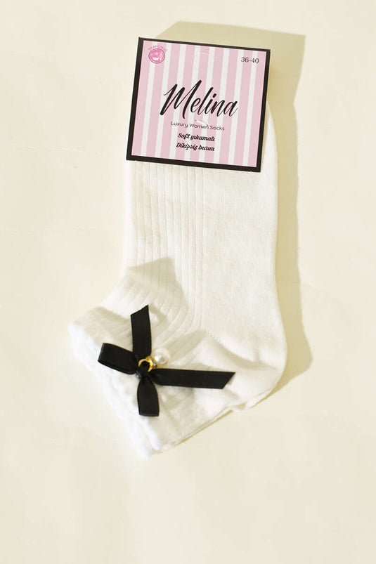 Women's Bow-Knotted Pearl Anklet Socks Ecru