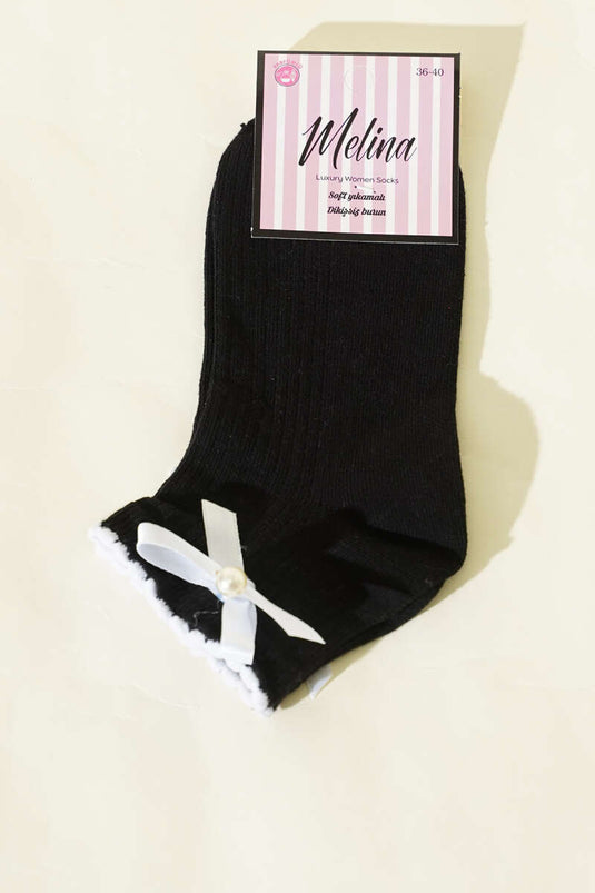 Women's Bow-Knotted Pearl Anklet Socks Black