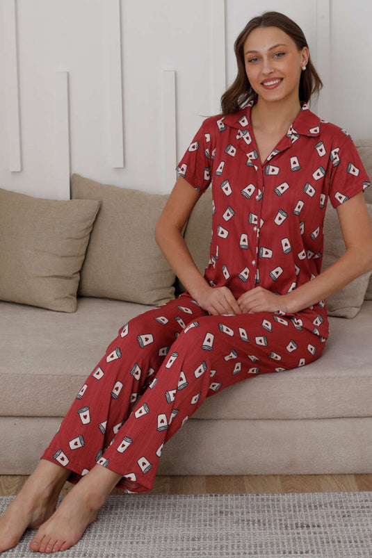 Ensemble pyjama boutonné à motif tasse à café magenta