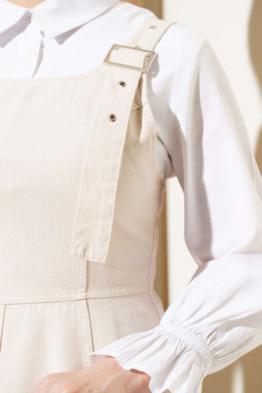 Robe salopette en gabardine à bretelles larges beige