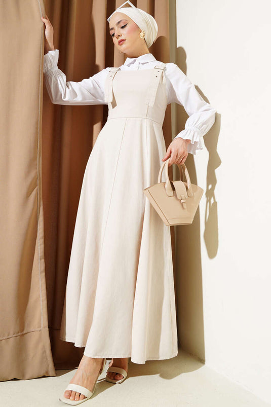 Robe salopette en gabardine à bretelles larges beige