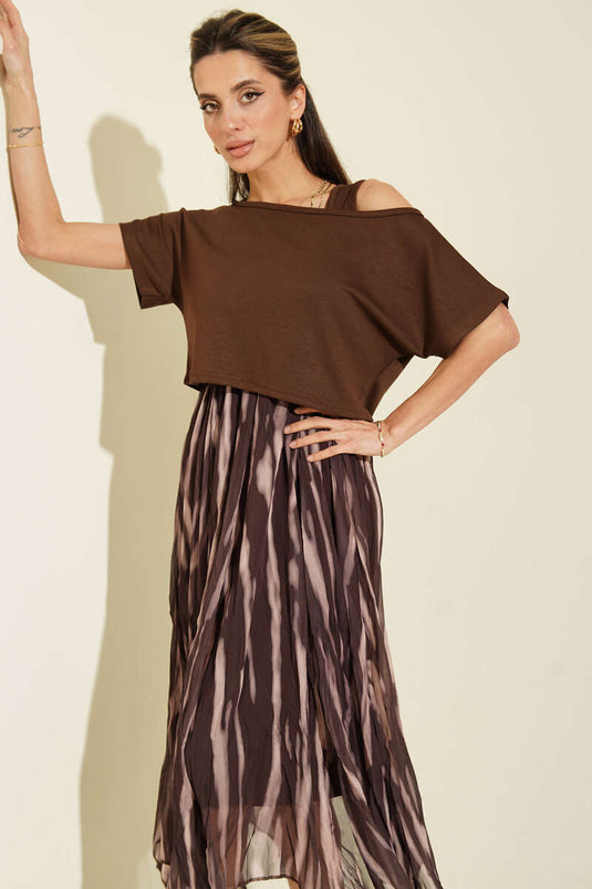 Kalın Askılı Şifon Elbise Kahve