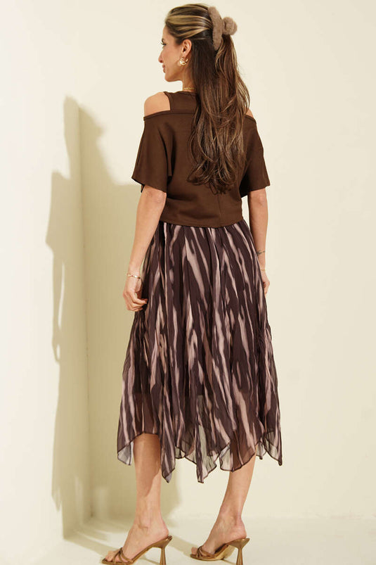 Kalın Askılı Şifon Elbise Kahve